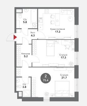 Продажа 2-комнатных апартаментов в ЖК Voxhall, площадь 75.40м2, цена: 32 668 127 руб.