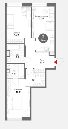 Продажа 3-комнатной элитной квартиры в ЖК Voxhall, площадь 76.40м2, цена: 42 273 955 руб.