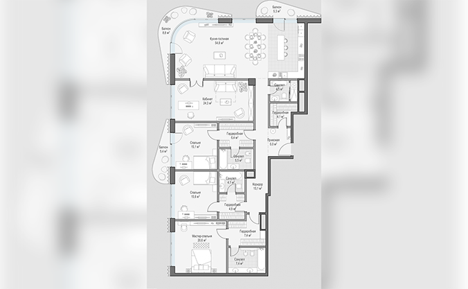 Продажа 4-комнатной  квартиры в ЖК Лаврушинский, площадь 200.70м2